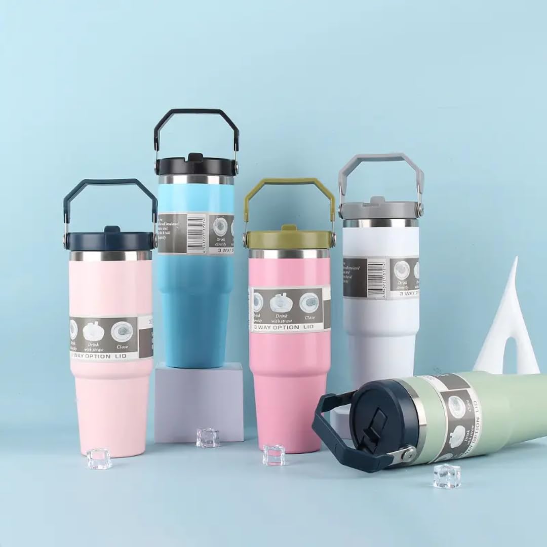 feasiiblefare 900 ml Stainless Steel Insulated Tumbler with Straw | Double Wall Vacuum Travel Mug | Leak-Proof, BPA-Free, Hot & Cold Water Bottle for Office, Gym, Car, Camping(Multicolors)
